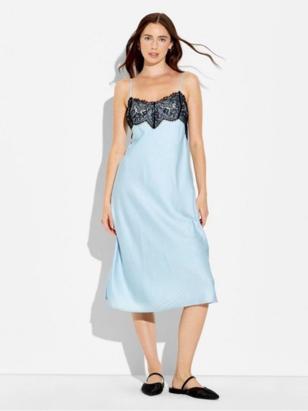 Wild Fable Women's Lace Trim Satin Midi A-Line Dress Blue Size XS